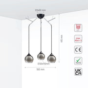 Size and tech specs of Smoky Dome Glass Chrome Twig Modern Ceiling Light | TEKLED 159-17598