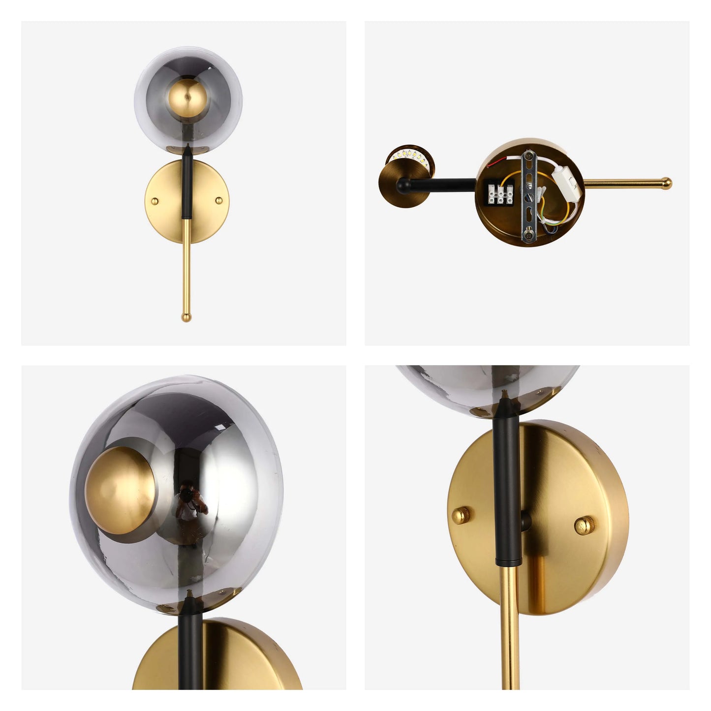 Lámpara de pared con vidrio ahumado y acabado en dorado