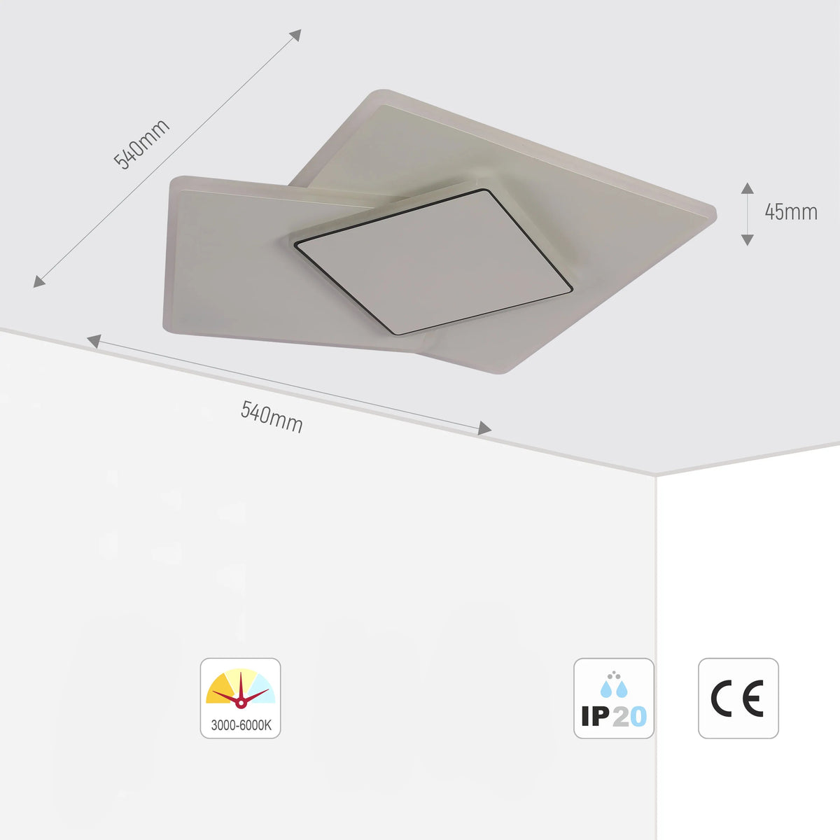 3 Led Ras Lámpara de Techo LED Cuadrada Triple Escalonada, CCT, 45W