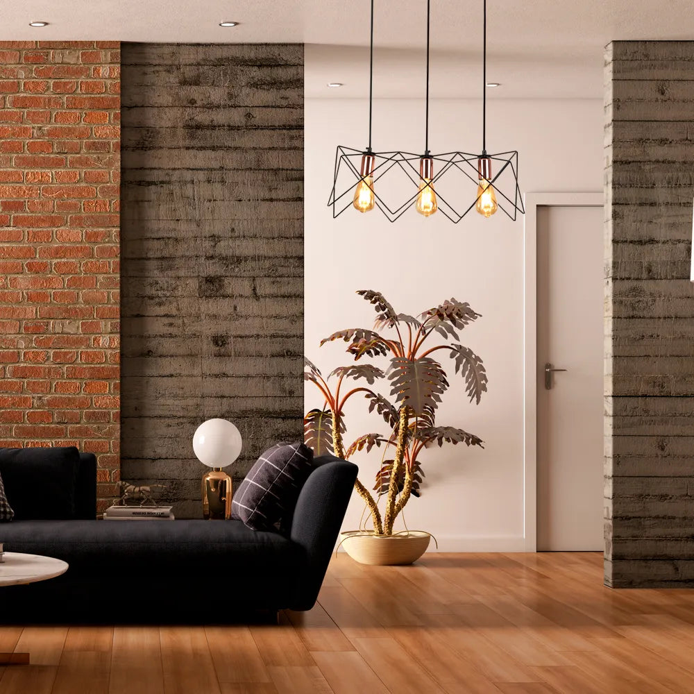Lámpara colgante de metal elegante con un diseño de jaula en forma de estrella en oro rosa y negro, perfecta para espacios modernos de comedor o sala de estar.159-17028