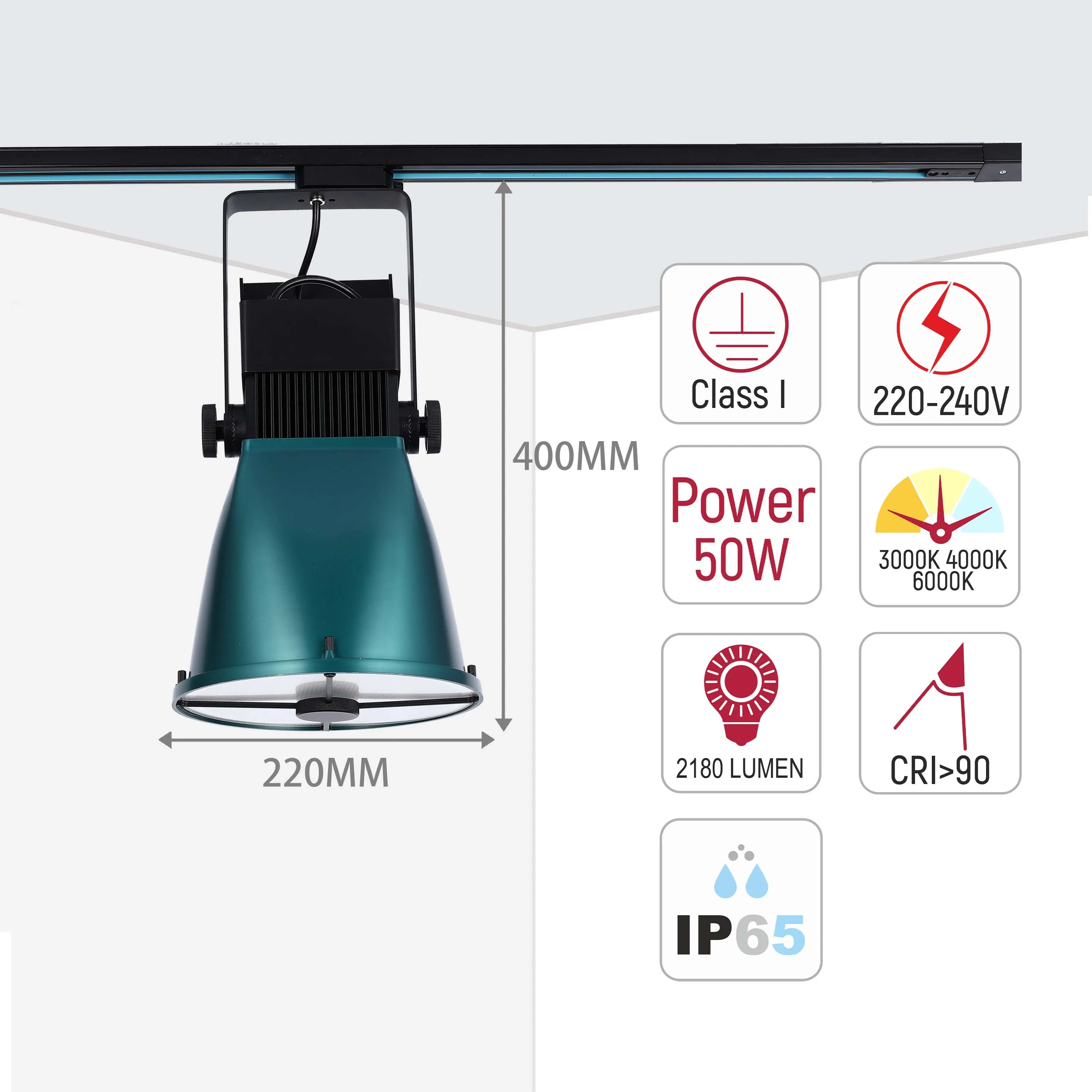 Foco de Carril LED Ajustable con Pantalla en Cúpula Turquesa