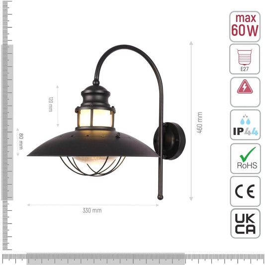 Technical specifications and measurements for Sunflower Wall Lamp Matt Black Clear Glass E27
