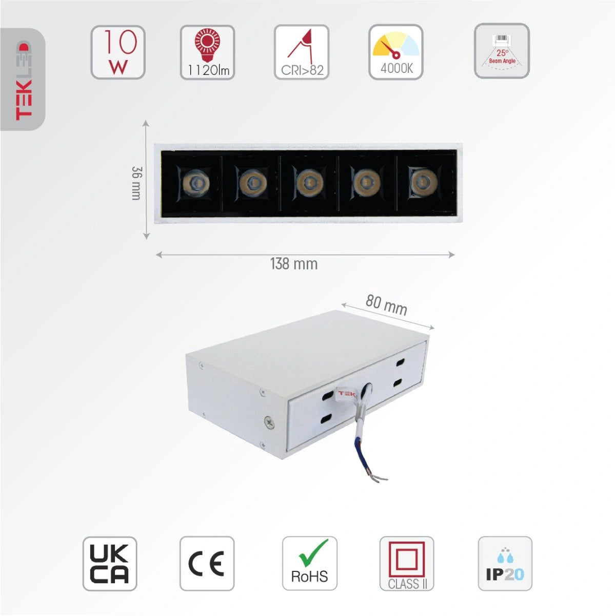 Technical specs and measurements for LED Mirage Blade Surface Mount Downlight 10W Cool White 4000K White IP20
