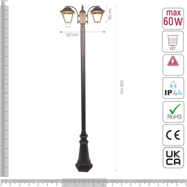 Technical specifications and measurements for Post Top Lamp Matt Black Clear Glass 2XE27 2.3M