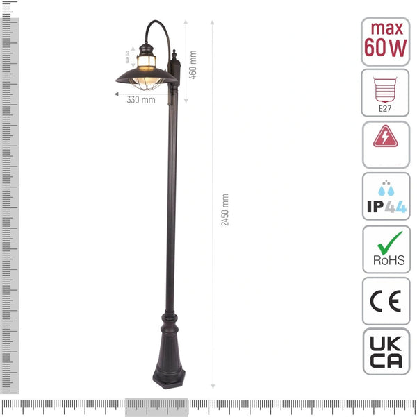 Technical specifications and measurements for Sunflower Post Top Lamp Matt Black Clear Glass E27 2.45M