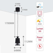 Tamaño y especificaciones técnicas del Downlight colgante LED Torchlight 10W acabado en negro, 3000K Blanco Cálido-150-19082
