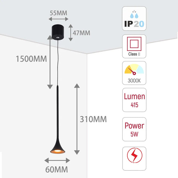 Tamaño y especificaciones técnicas del Colgante LED Downlight Trumpet 5W Blanco Cálido con Interior Dorado-150-19070