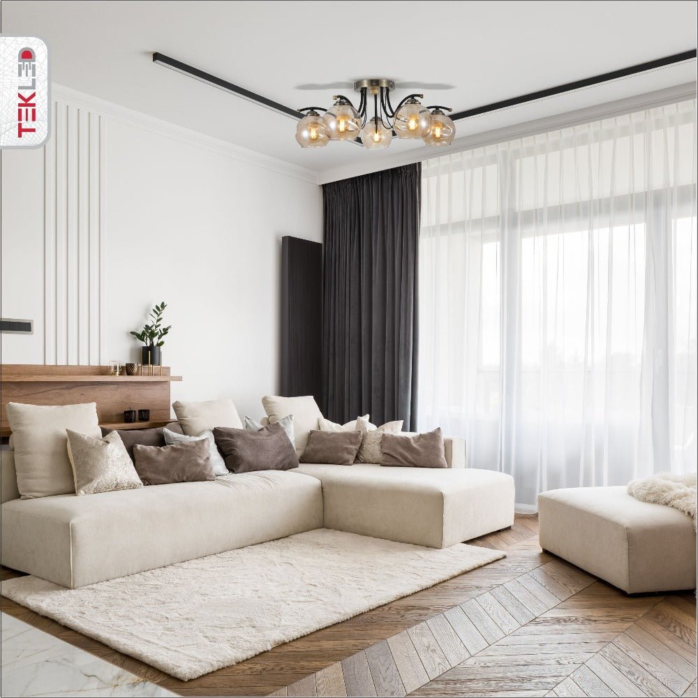Amber Glass Dome Black And Antique Brass Metal Semi Flush Ceiling Light 5Xe27 in indoor setting living room
