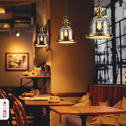 Golden bronze metal amber glass cylinder pendant light sealed with e27 fitting in indoor setting cafe pub