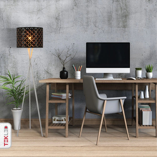 Tripod white drum floor lamp with e27 fitting alternative view as used in a living room