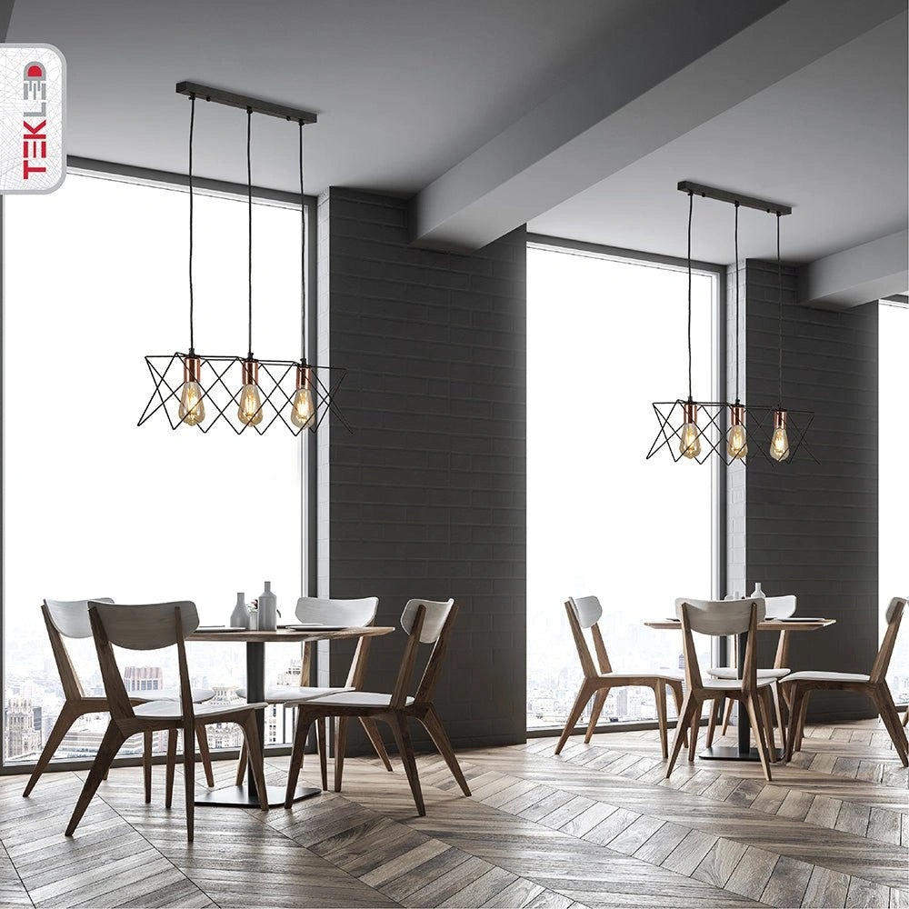 Black metal caged island chandelier with 3xe27 fitting in indoor setting cafe