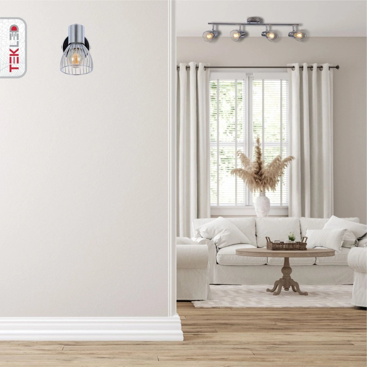 Silver Cage Chrome Body Semi Flush Ceiling Light 4Xe14 in indoor setting living room usage