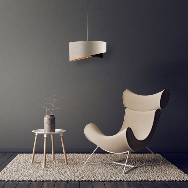 Beige coffee fabric cylinder pendant light with e27 fitting in indoor setting reading living room