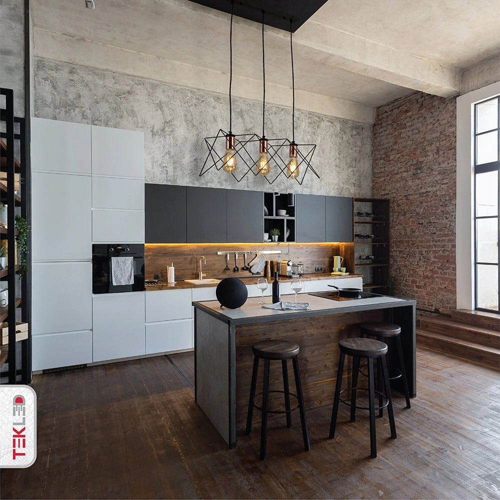 Black metal caged island chandelier with 3xe27 fitting in indoor setting kitchen island top
