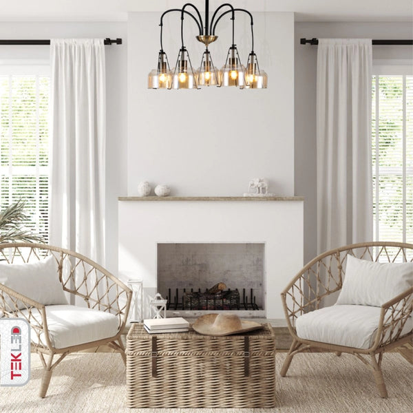 Amber Glass Black And Antique Brass Suspended Ceiling Light 5Xe27 in indoor setting tea coffee table top
