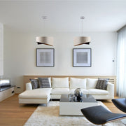 Beige coffee fabric cylinder pendant light with e27 fitting in indoor setting living room lobby