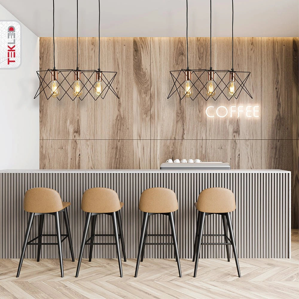 Black metal caged island chandelier with 3xe27 fitting in indoor setting bar island top