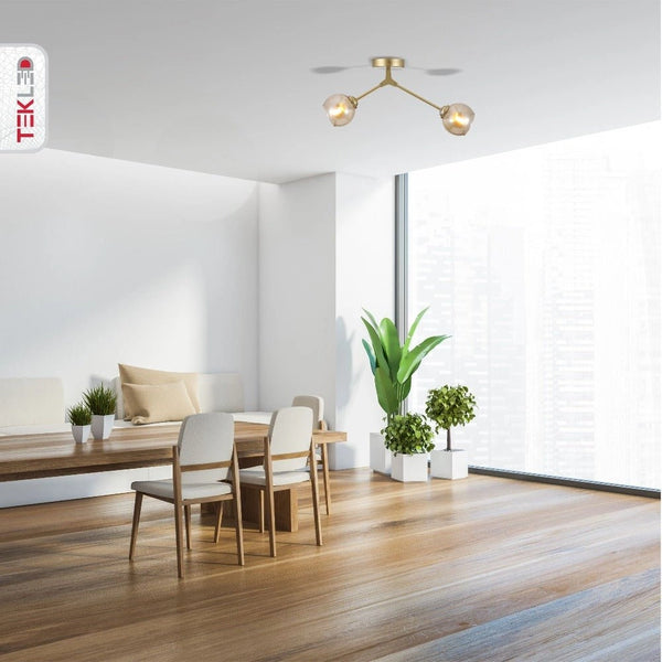 Amber Glass Dome Gold Aluminium Bronze Wishbone Semi Flush Ceiling Light 2Xe27 in indoor setting living room waiting room