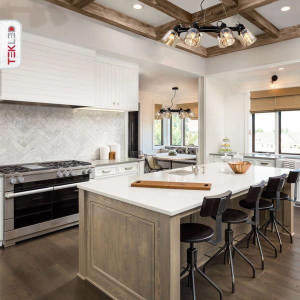 Amber Cone Glass Black Suspended Ceiling Light 8Xe27 in indoor setting kitchen island top