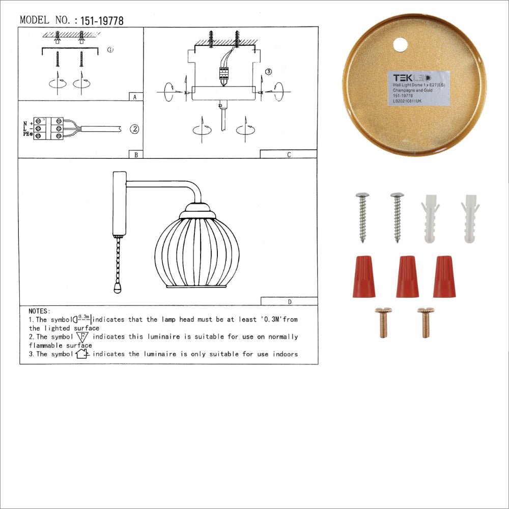Aplique De Pared De Cristal Estriado Con Interruptor De Tirador Y Casquillo E27