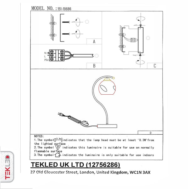 User manual for Black Antique Brass Metal Amber Globe Table Lamp with E27 Fitting | TEKLED 151-19686