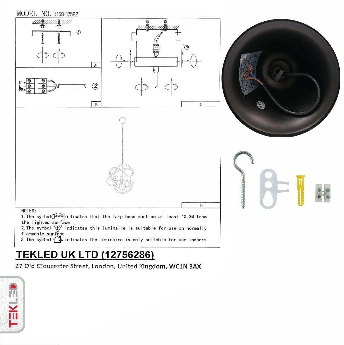 User manual for Black 3 Circle Pendant Light with 4xE27 Fitting | TEKLED 158-17582