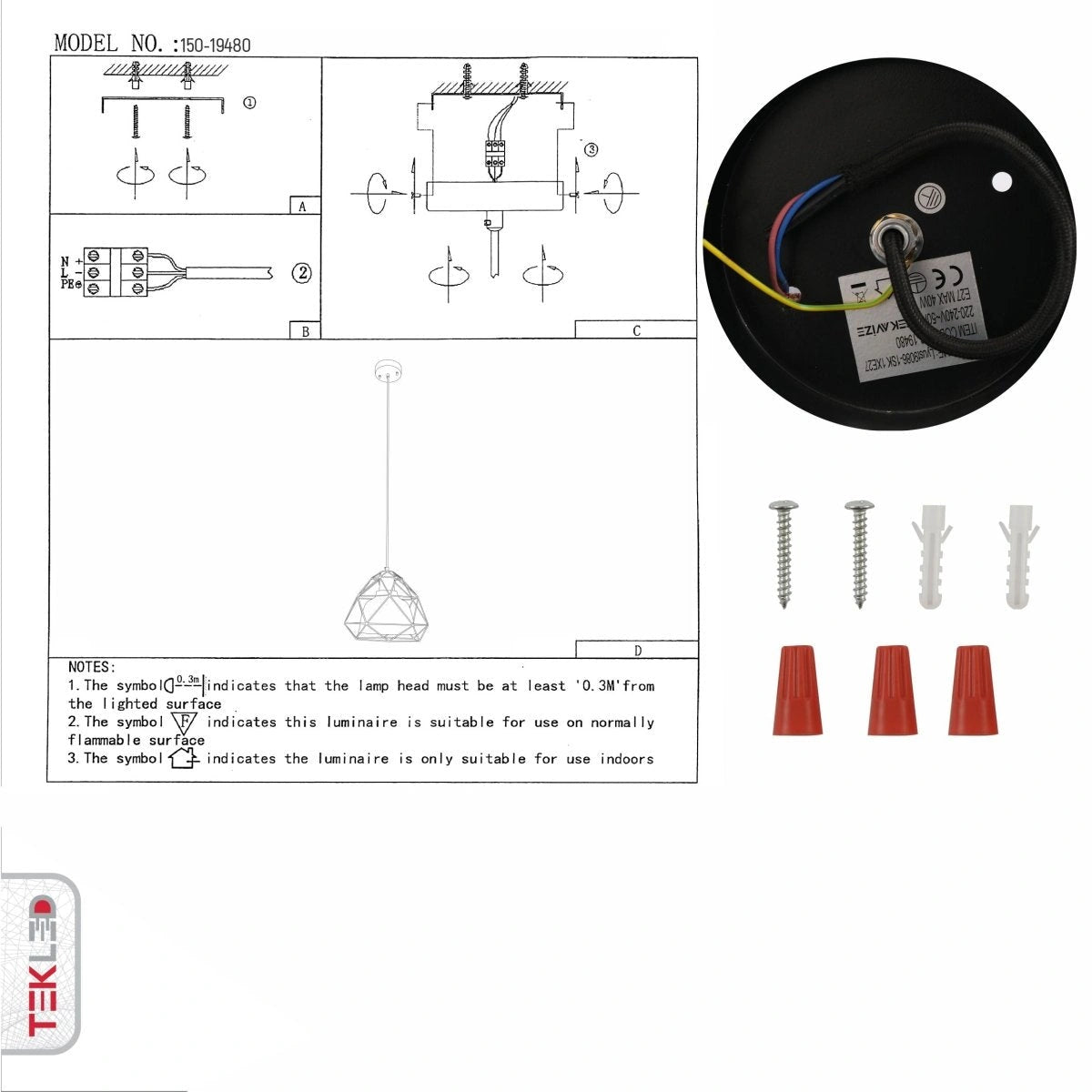 User manual for Smoky Glass Dome Black Metal Cage Pendant Light with E27 Fitting | TEKLED 156-19480