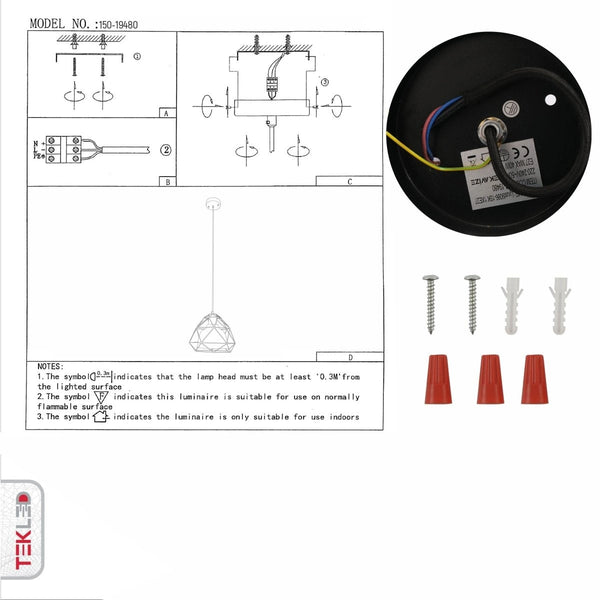 User manual for Smoky Glass Dome Black Metal Cage Pendant Light with E27 Fitting | TEKLED 156-19480