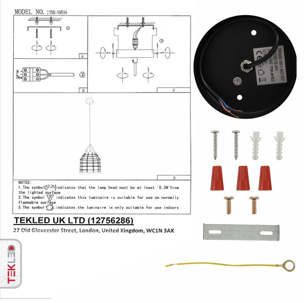 User manual for Black Cage Metal Pendant Light with E27 Fitting | TEKLED 156-19514