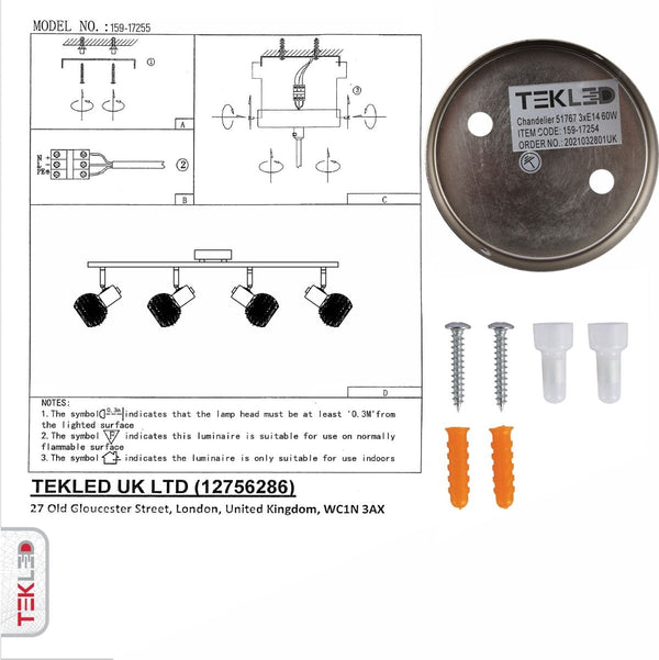 User manual and box content of silver nest matte nickel body semi flush ceiling light 4xe14