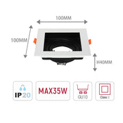 Tamaño y especificaciones técnicas del Downlight Cuadrado Inclinable GU10 Valiant-143-03440