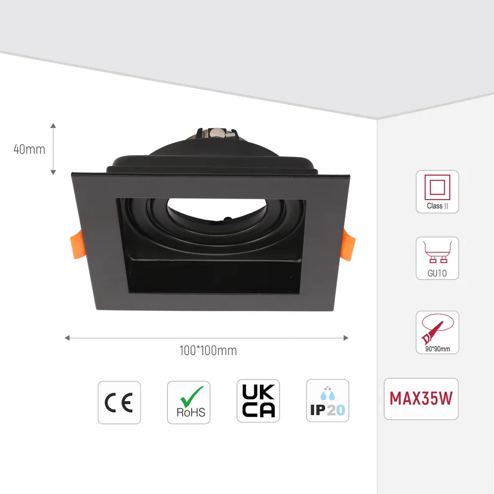 Tamaño y especificaciones técnicas del Valiant Tiltable Square GU10 Downlight-143-03442