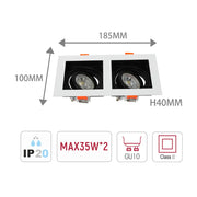 Tamaño y especificaciones técnicas del Downlight cuadrado inclinable GU10 Valiant-143-03444