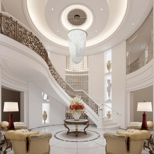 Impresionante lámpara de araña LED de cascada de cristal Vortex dorado, que ilumina elegantemente un comedor moderno con decoración lujosa. Perfecto para interiores de alta gama.159-18344