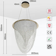 Tamaño y especificaciones técnicas de la Araña LED Vortex Crystal Cascade 80W Oro-159-18344