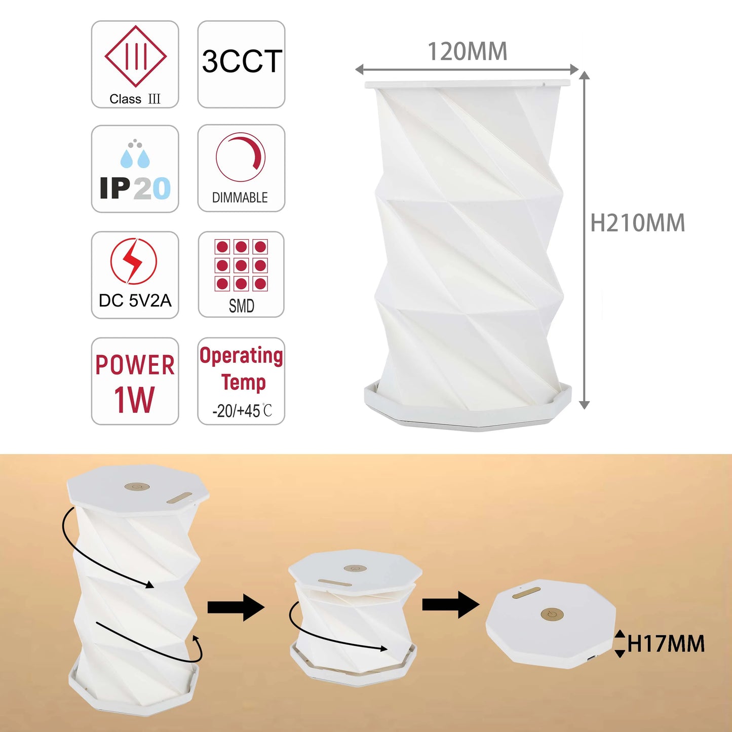 Lámpara de mesa origami expandible – Blanco y dorado, recargable por USB, LED regulable con 3 temperaturas de color (3CCT)