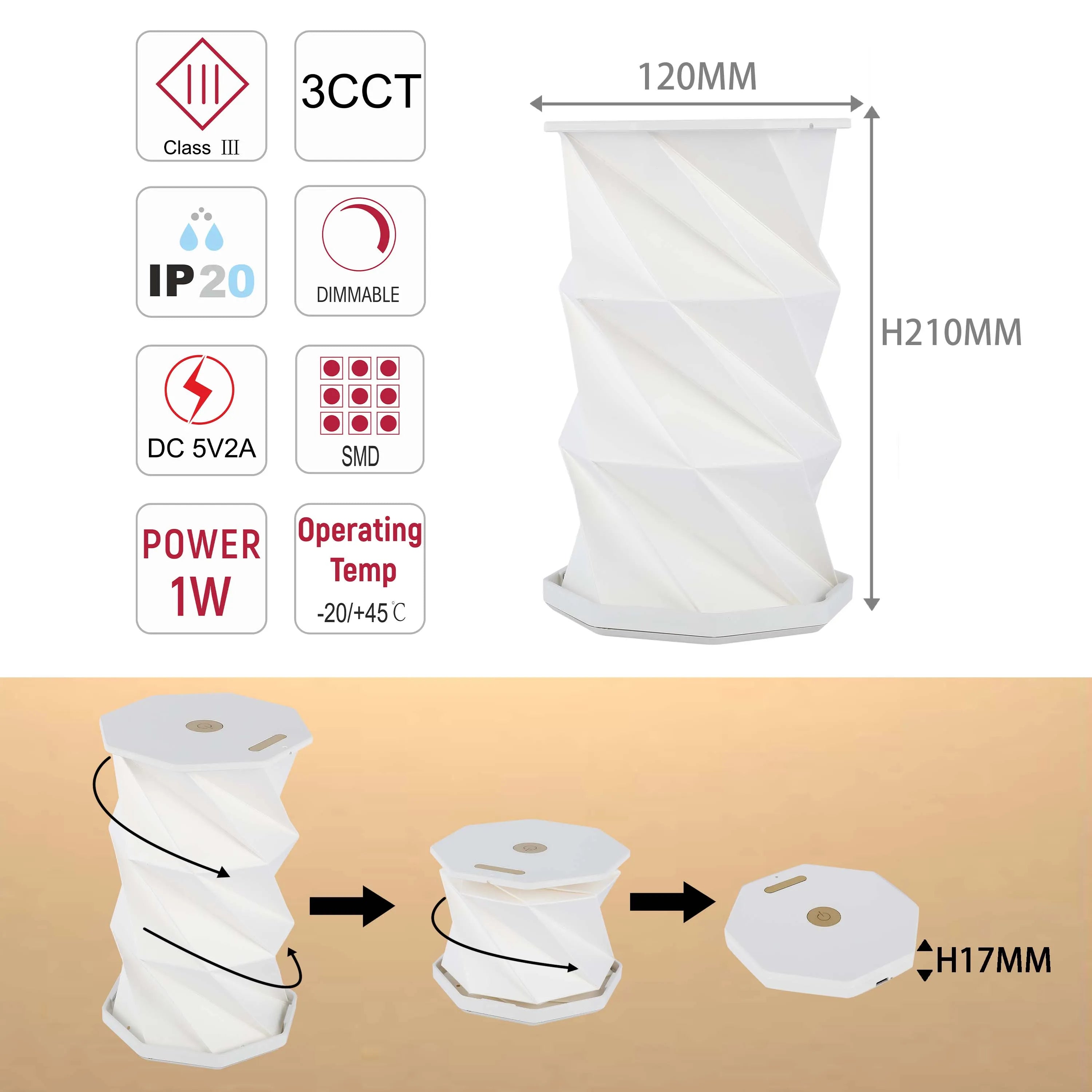 Lámpara de mesa origami expandible – Blanco y dorado, recargable por USB, LED regulable con 3 temperaturas de color (3CCT)