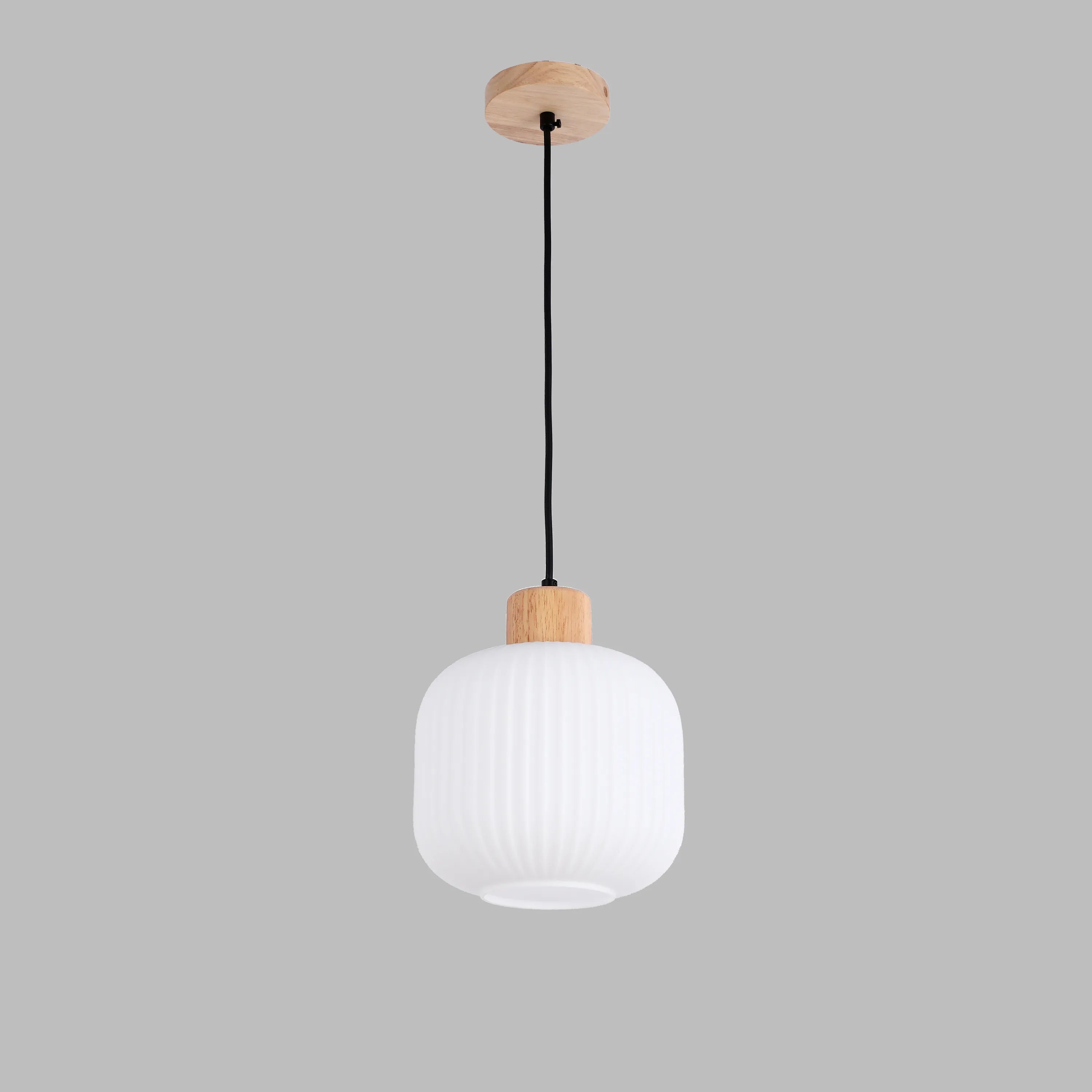 Lámpara Colgante de Vidrio Acanalado Blanco con Detalles en Madera