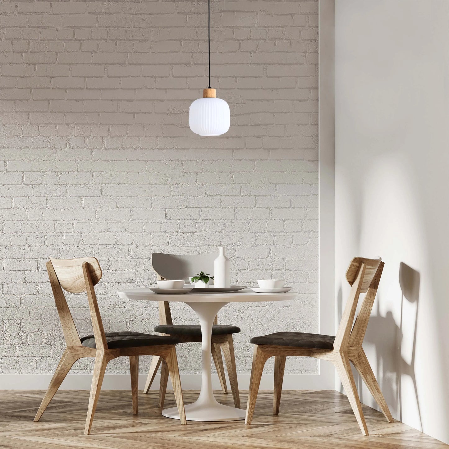 Lámpara Colgante de Vidrio Acanalado Blanco con Detalles en Madera