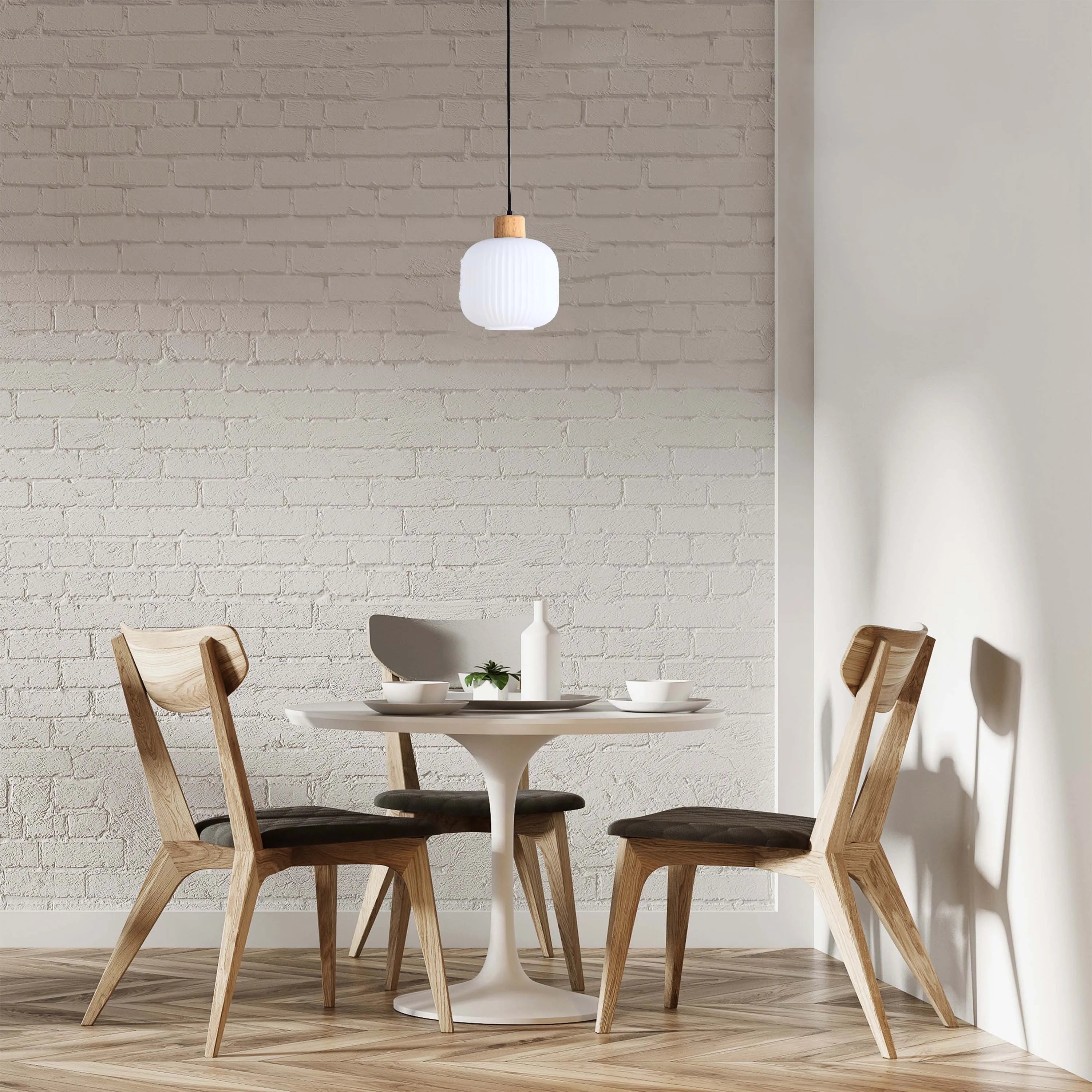 Lámpara Colgante de Vidrio Acanalado Blanco con Detalles en Madera