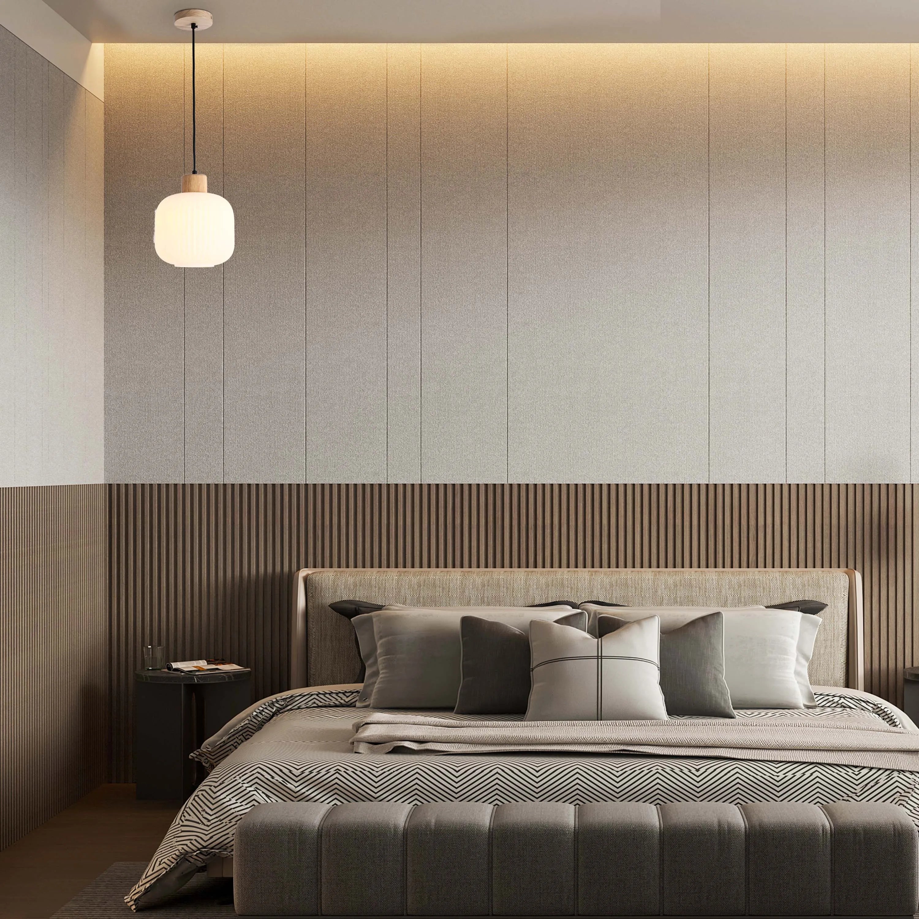 Lámpara Colgante de Vidrio Acanalado Blanco con Detalles en Madera