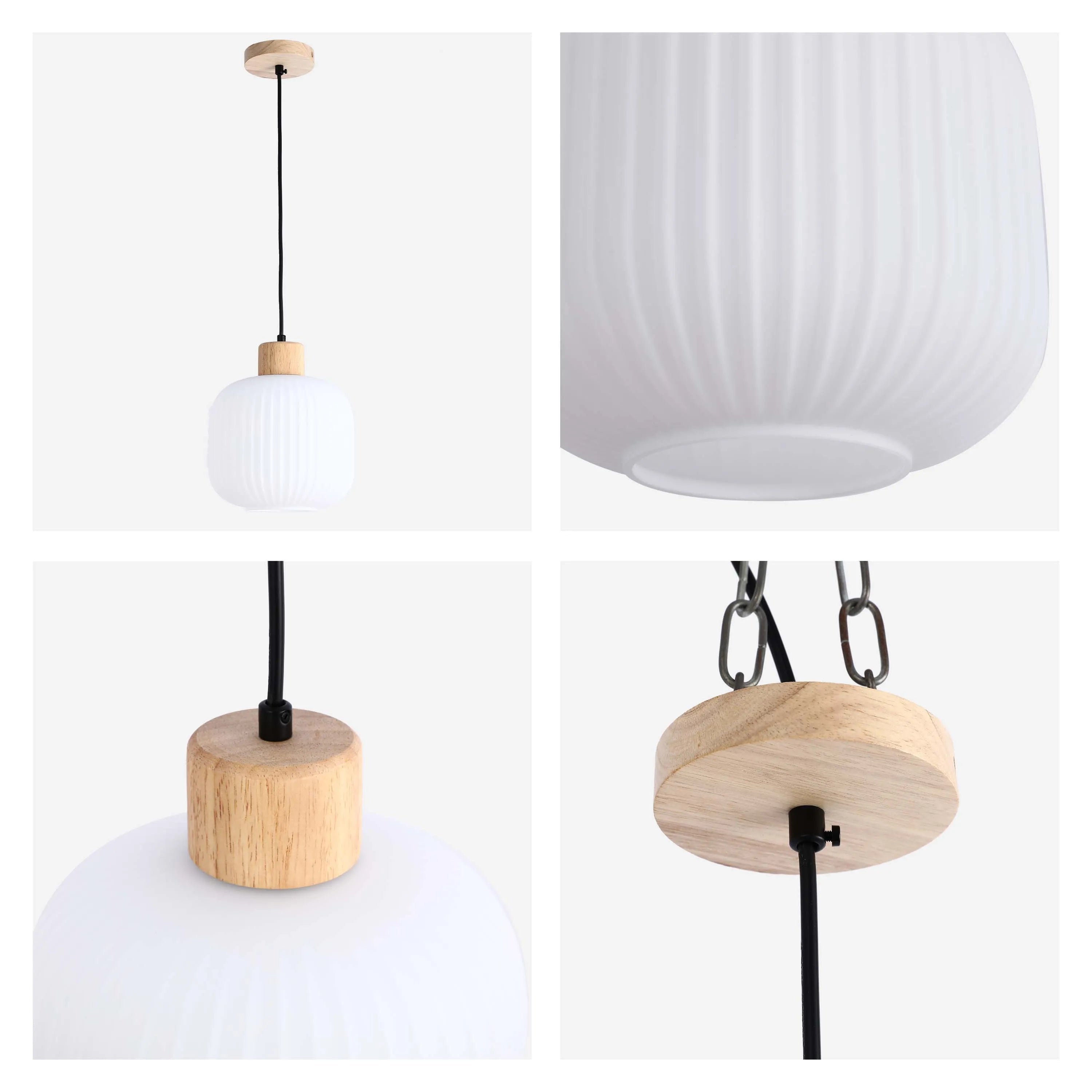 Lámpara Colgante de Vidrio Acanalado Blanco con Detalles en Madera