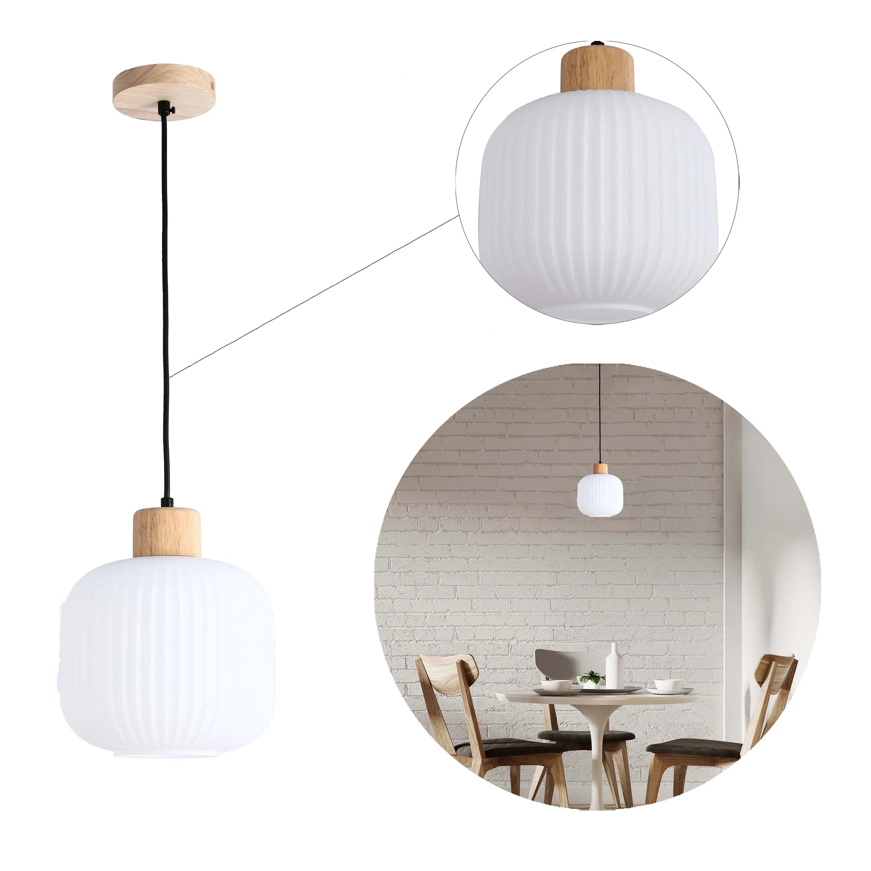 Lámpara Colgante de Vidrio Acanalado Blanco con Detalles en Madera