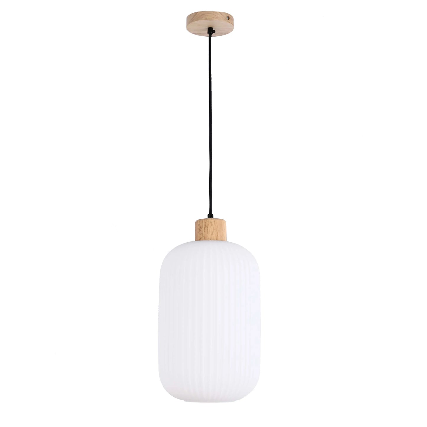 Lámpara Colgante de Vidrio Acanalado Blanco con Detalles en Madera