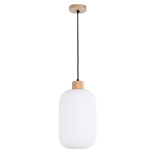 Lámpara Colgante de Vidrio Acanalado Blanco con Detalles en Madera