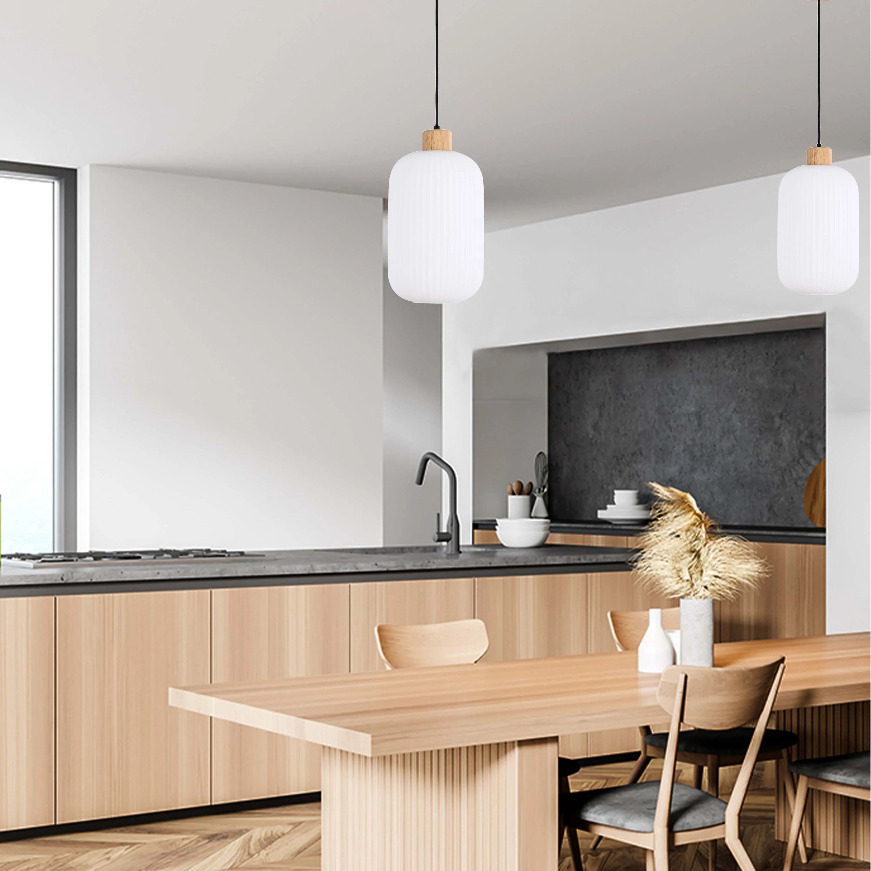 Lámpara Colgante de Vidrio Acanalado Blanco con Detalles en Madera