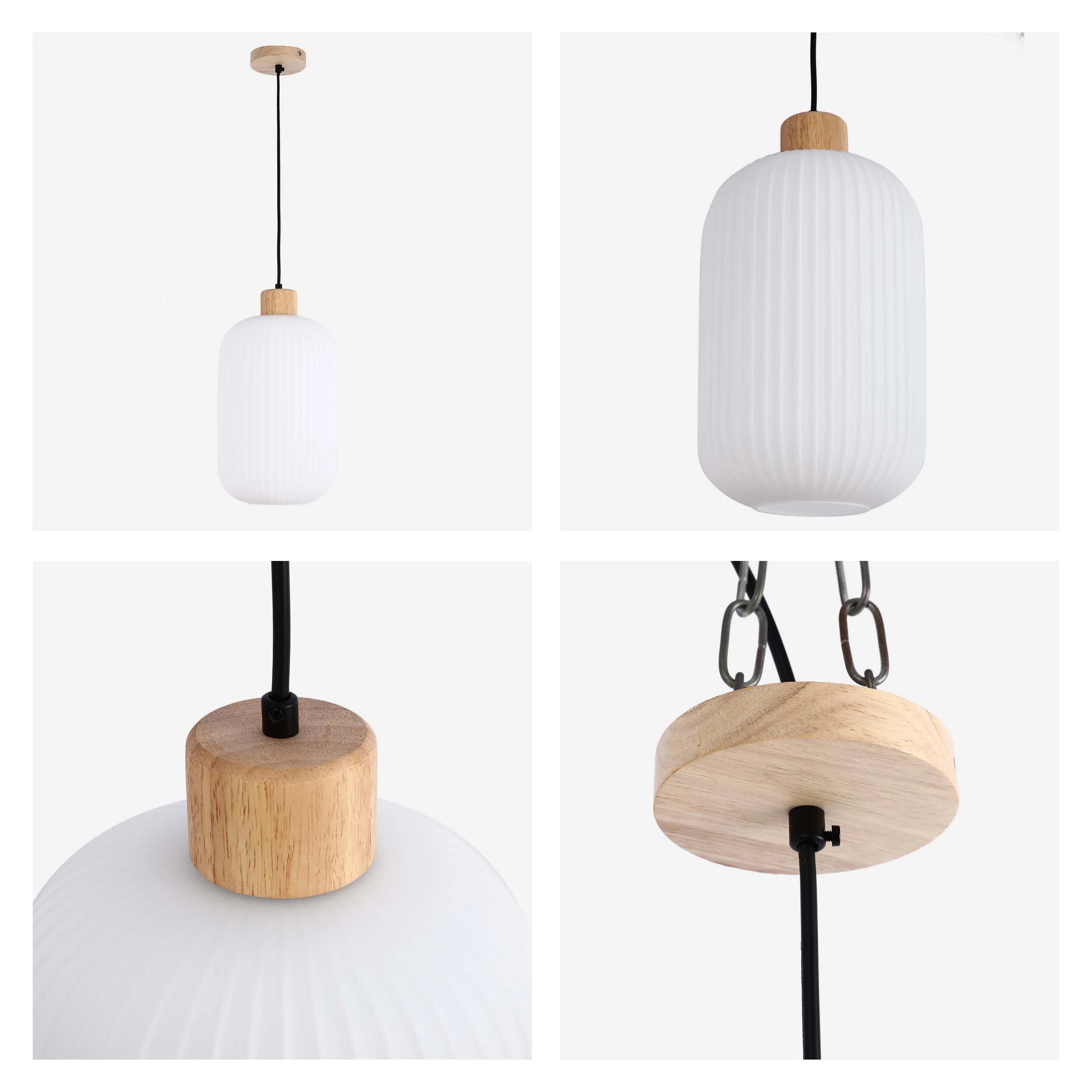 Lámpara Colgante de Vidrio Acanalado Blanco con Detalles en Madera