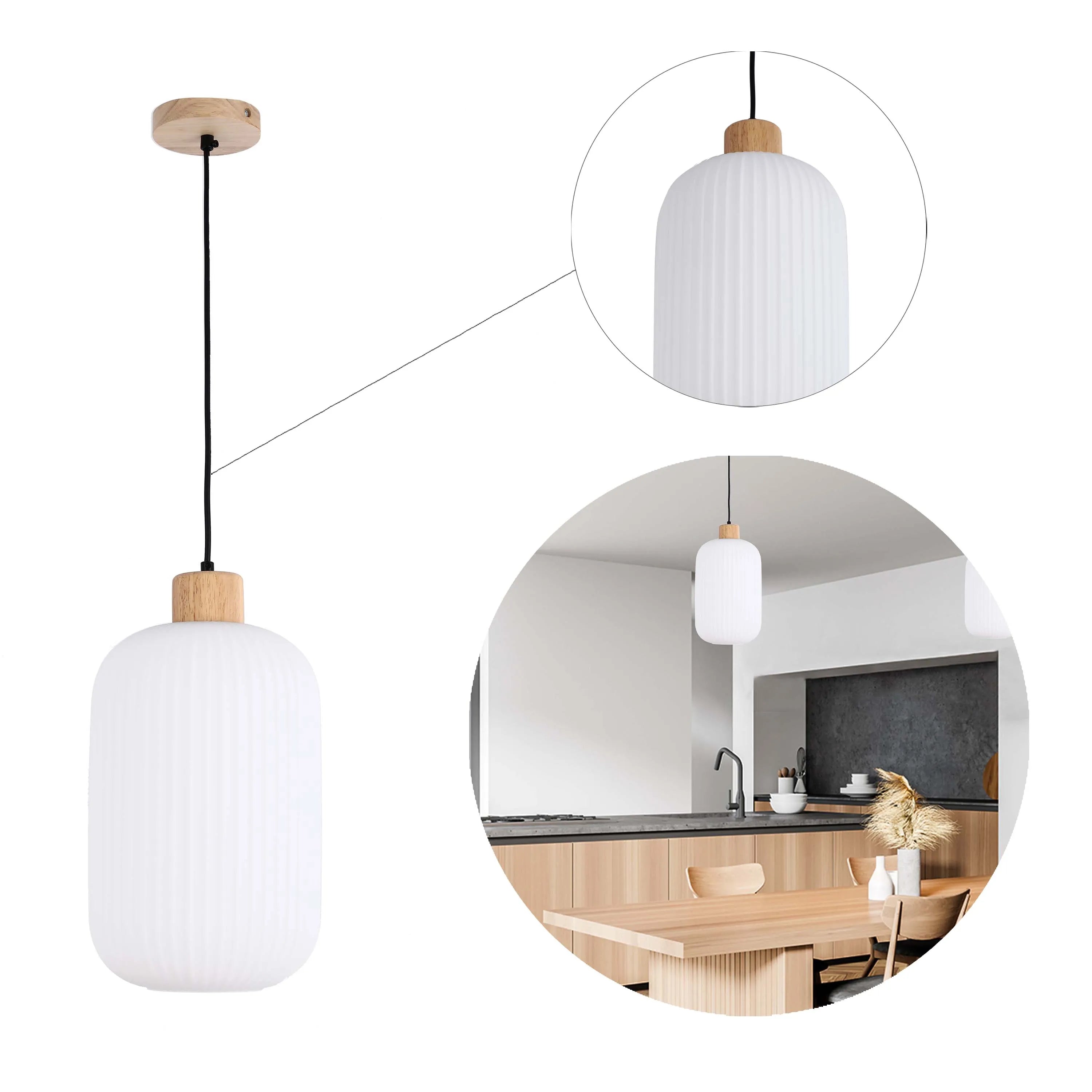 Lámpara Colgante de Vidrio Acanalado Blanco con Detalles en Madera