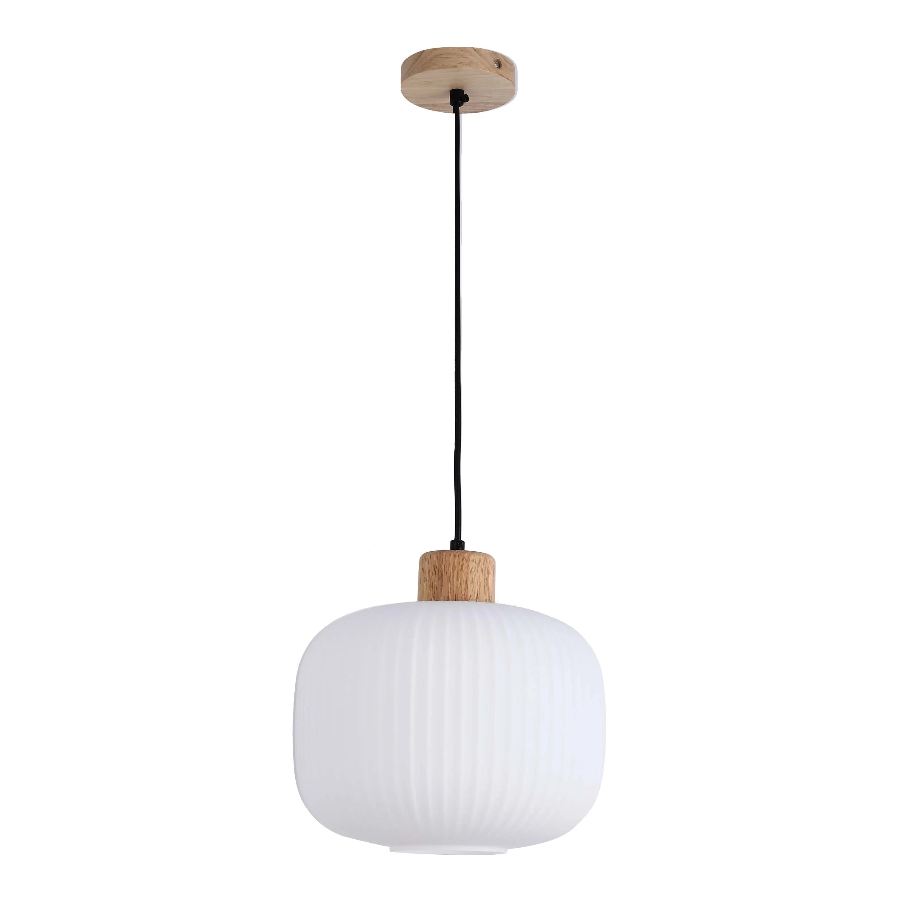 Lámpara Colgante de Vidrio Acanalado Blanco con Detalles en Madera