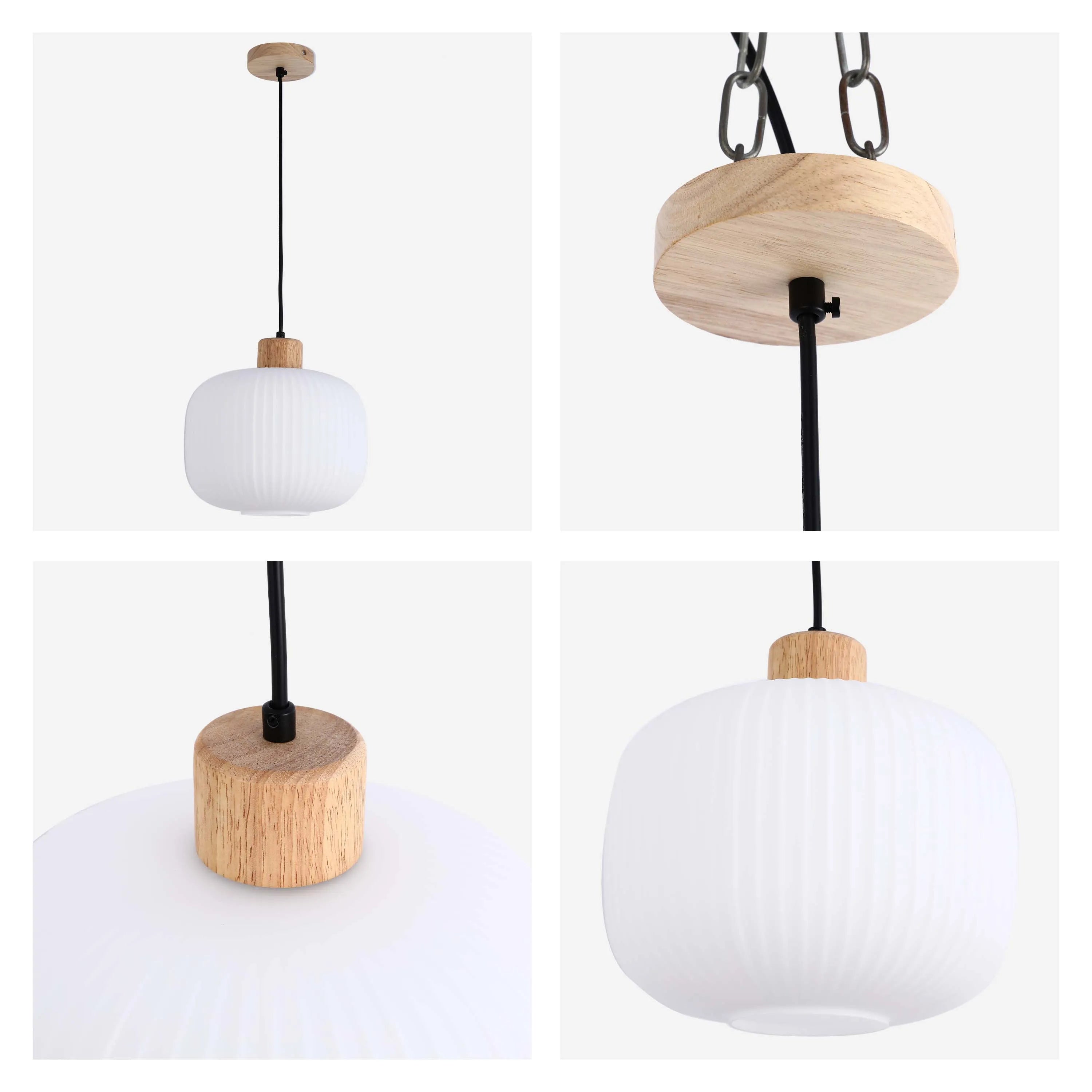 Lámpara Colgante de Vidrio Acanalado Blanco con Detalles en Madera